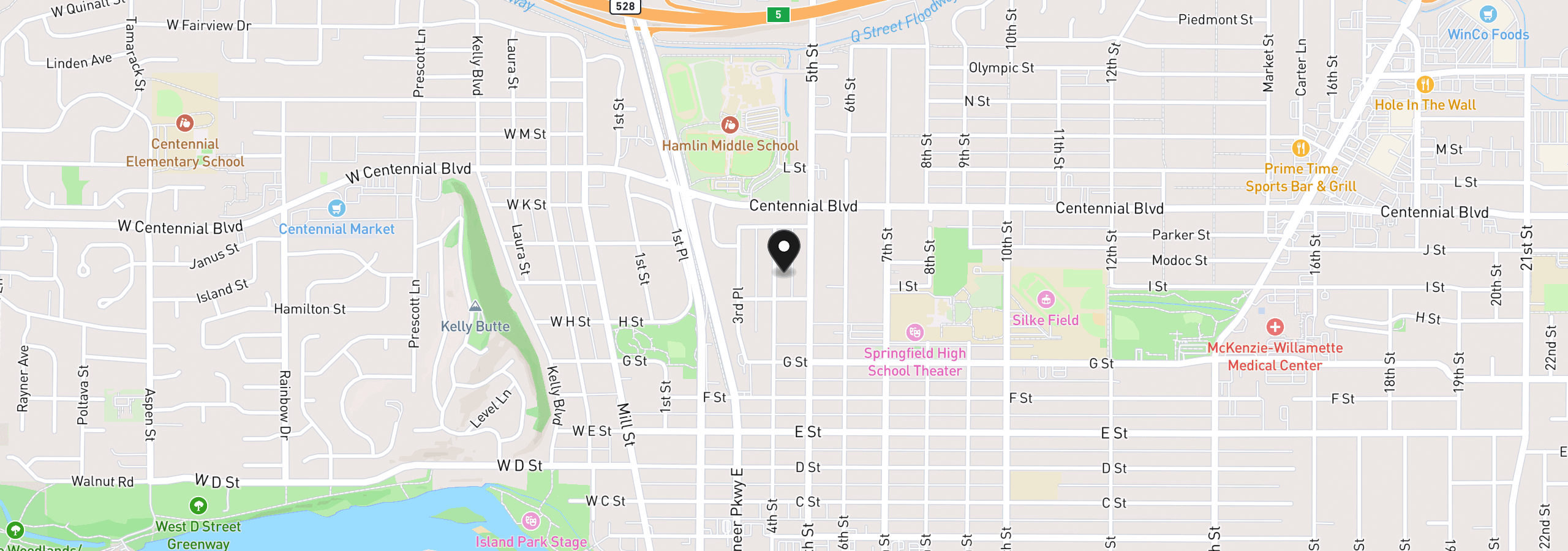 Map showing the location of 1039 4th St, Springfield, OR 97477