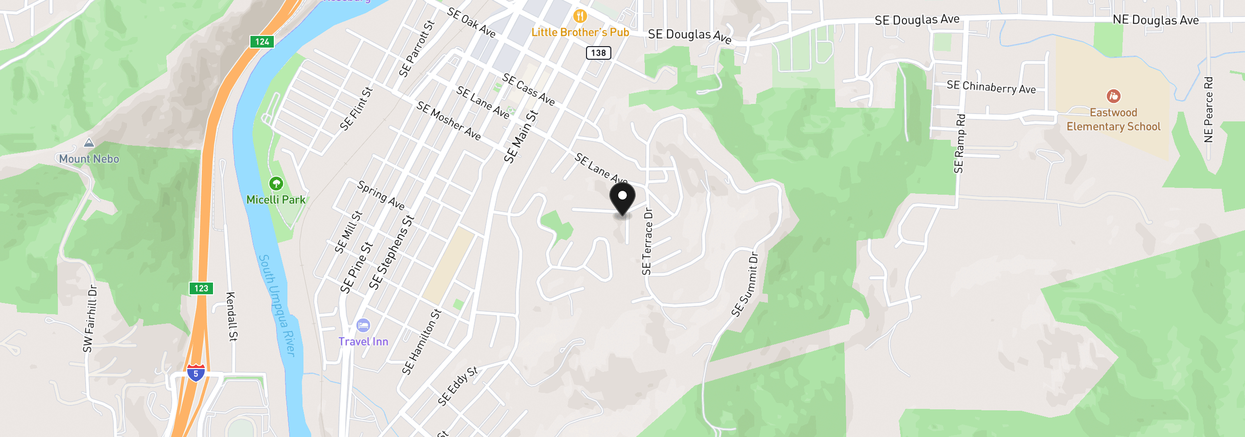 Map showing the location of 1397 SE Reservoir Ave, Roseburg, OR 97470