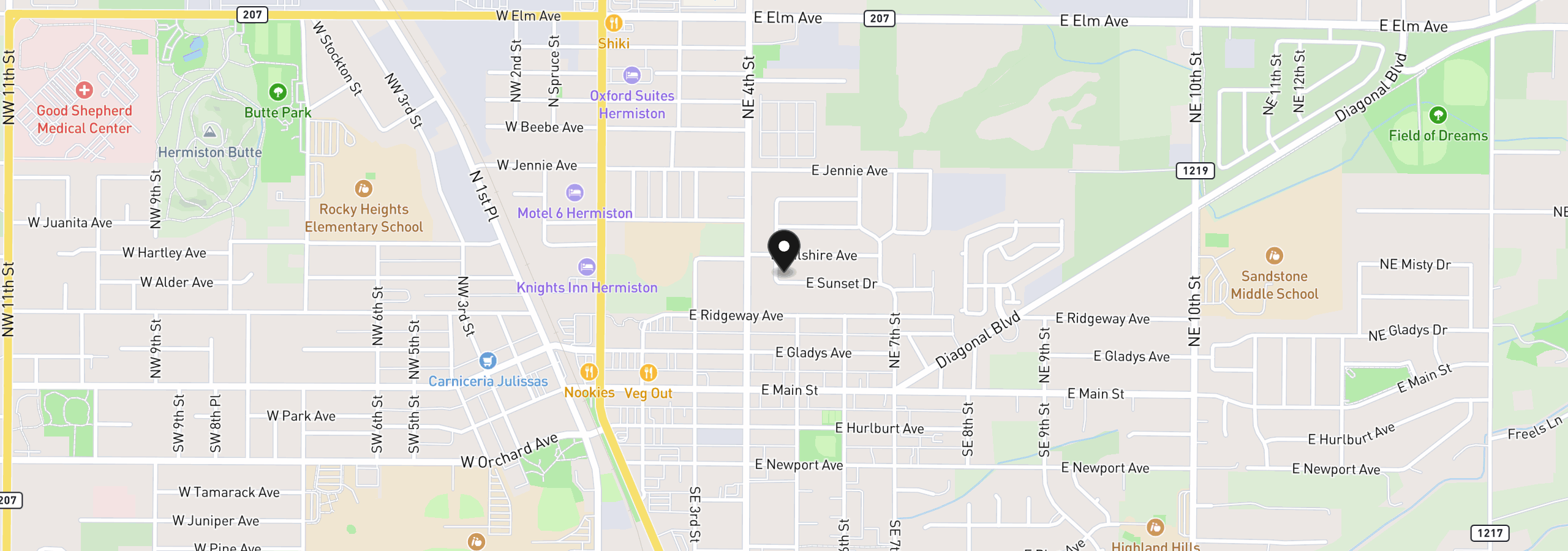 Map showing the location of 455 E Sunset Dr, Hermiston, OR 97838