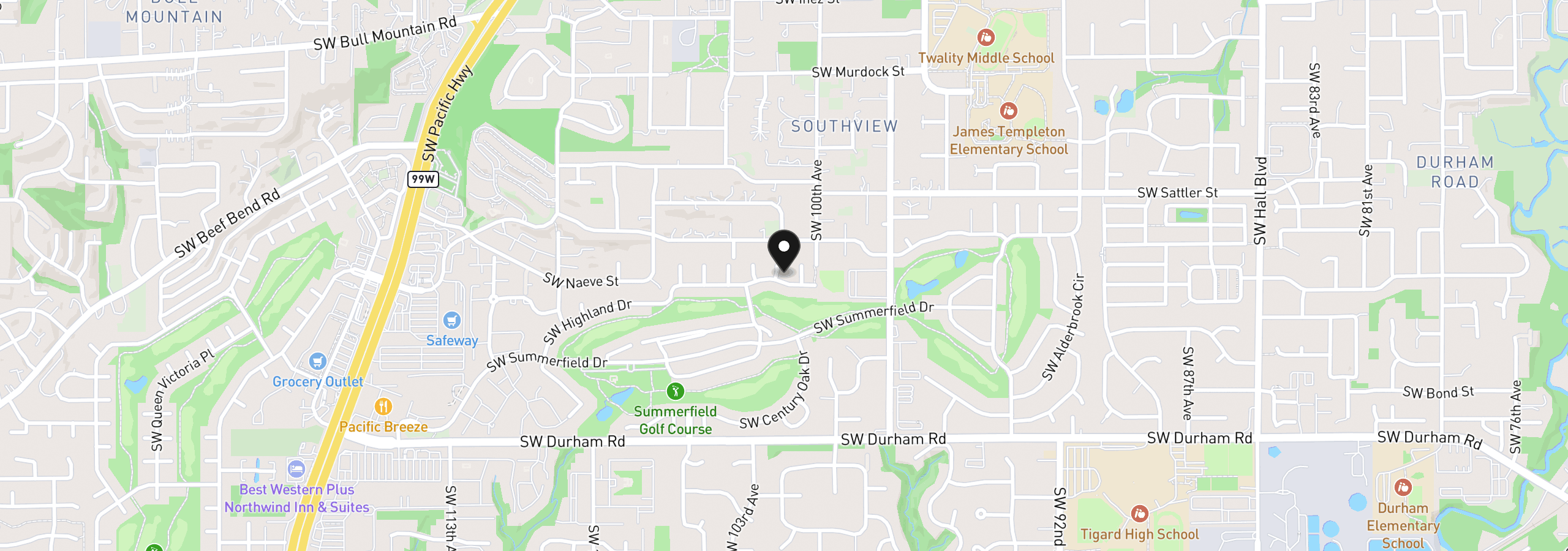 Map showing the location of 10105 SW Highland Dr, Tigard, OR 97224