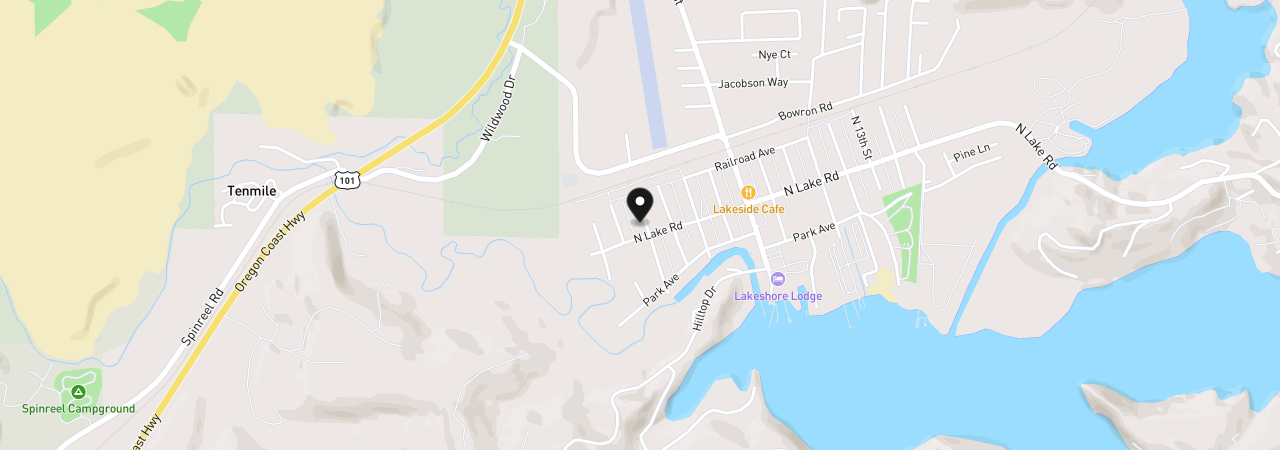 Map showing the location of 125 N 4th St, Lakeside, OR 97449