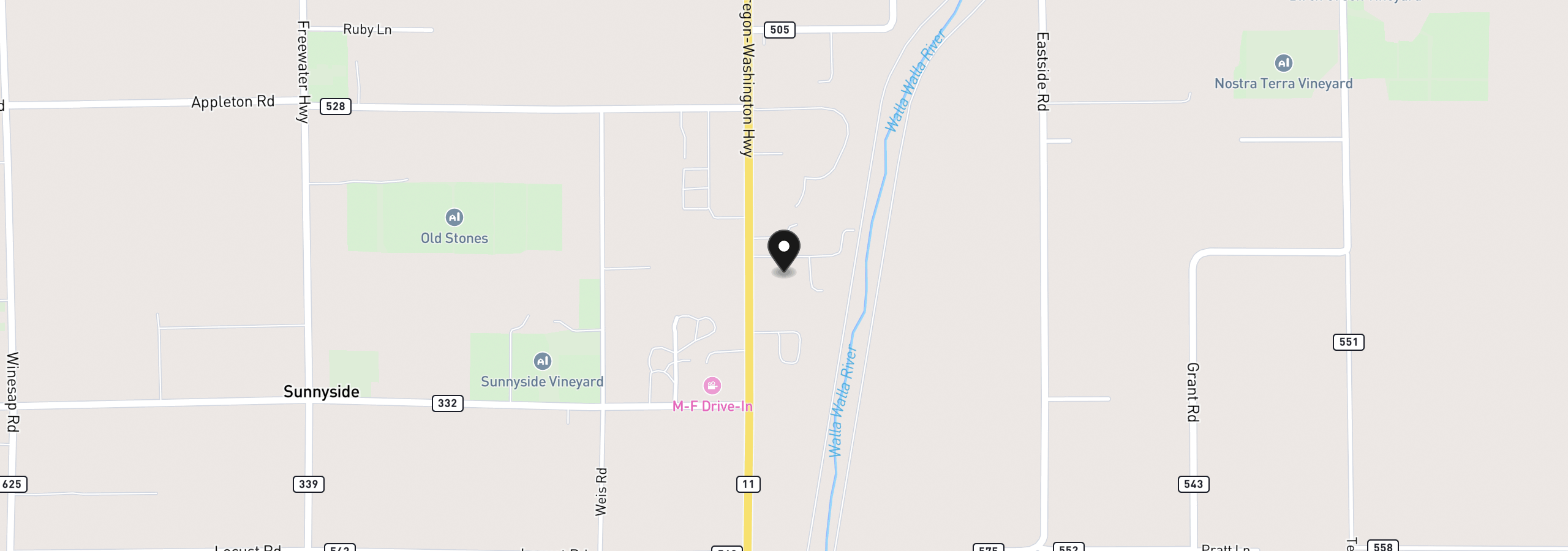 Map showing the location of 84375 Highway 11, Milton-Freewater, OR 97862