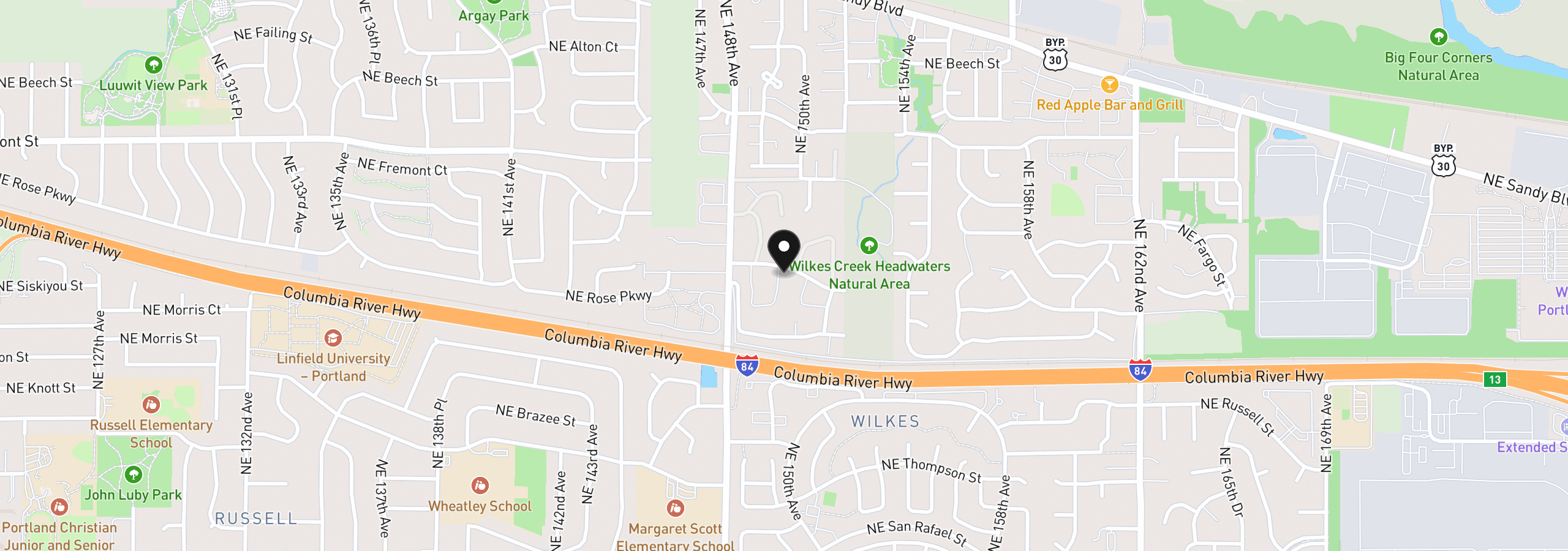 Map showing the location of 14970 NE Rose Pkwy, Portland, OR 97230