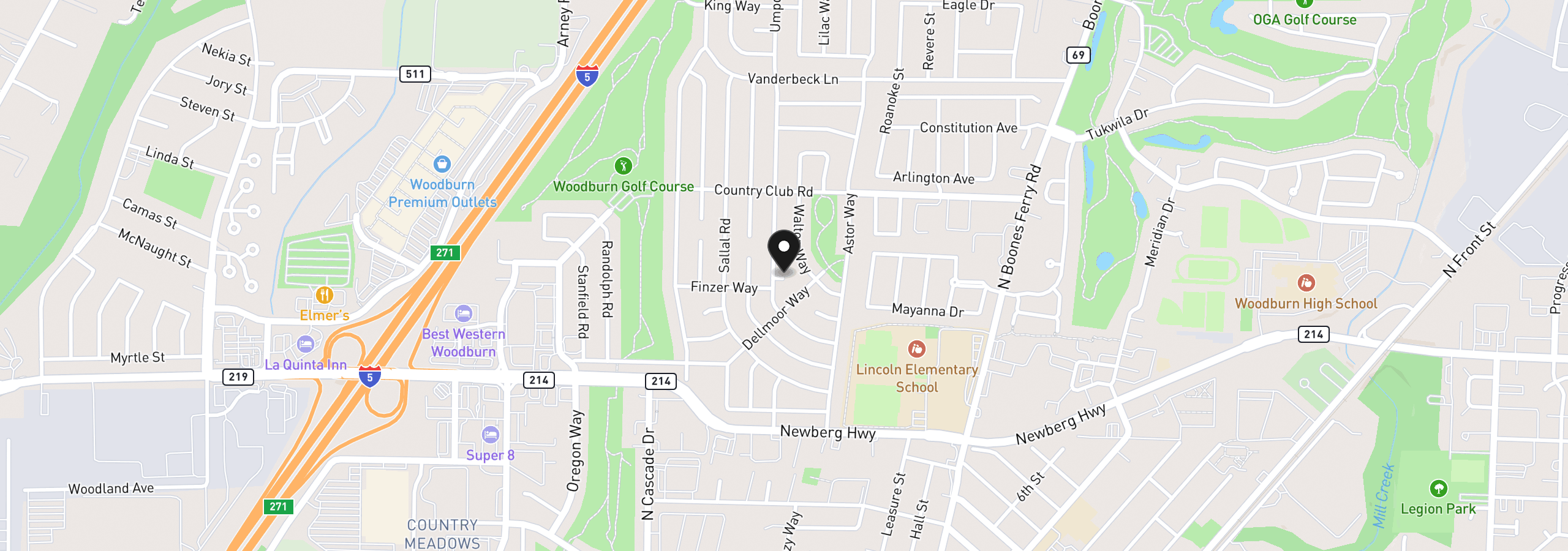 Map showing the location of 1444 Umpqua Ct, Woodburn, OR 97071