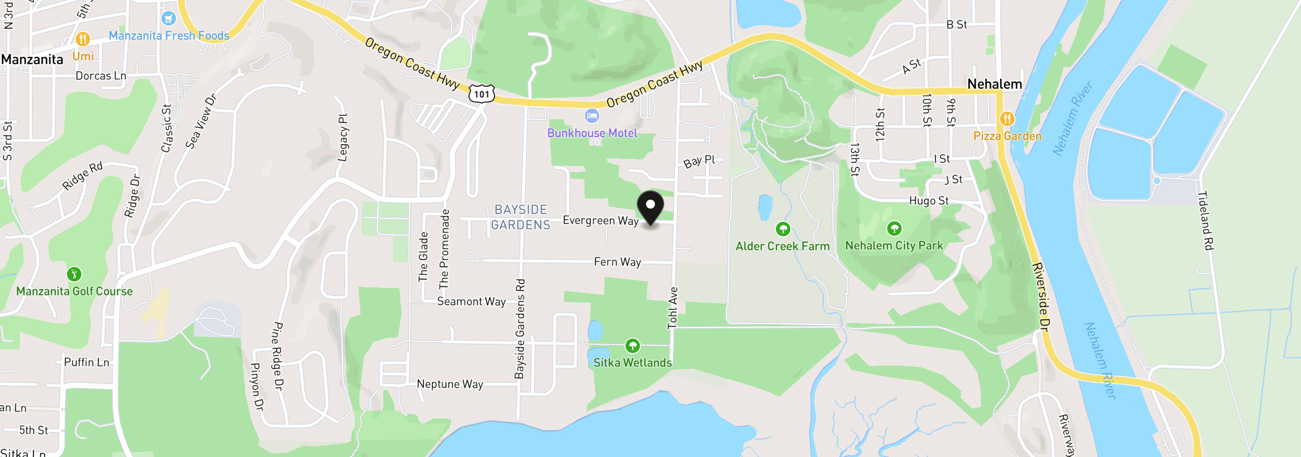 Map showing the location of 11465 Evergreen Way, Nehalem, OR 97131