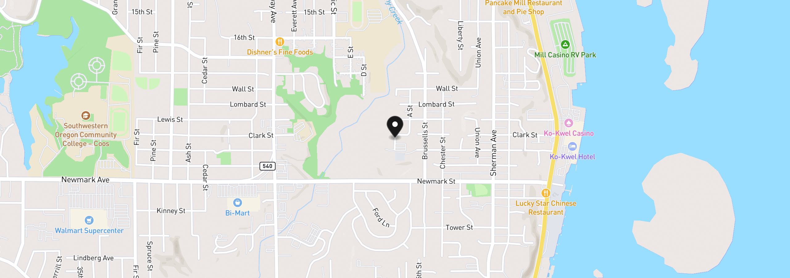 Map showing the location of 0 B St, North Bend, OR 97459