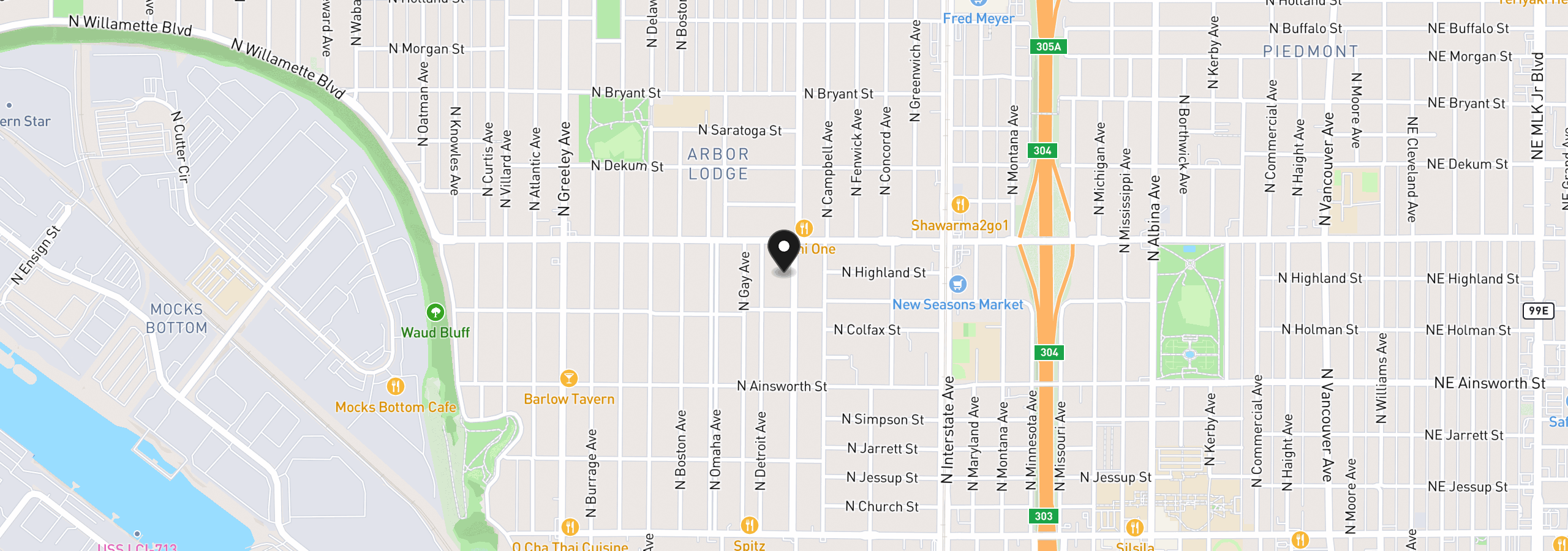 Map showing the location of 6355 N Denver Ave, Portland, OR 97217