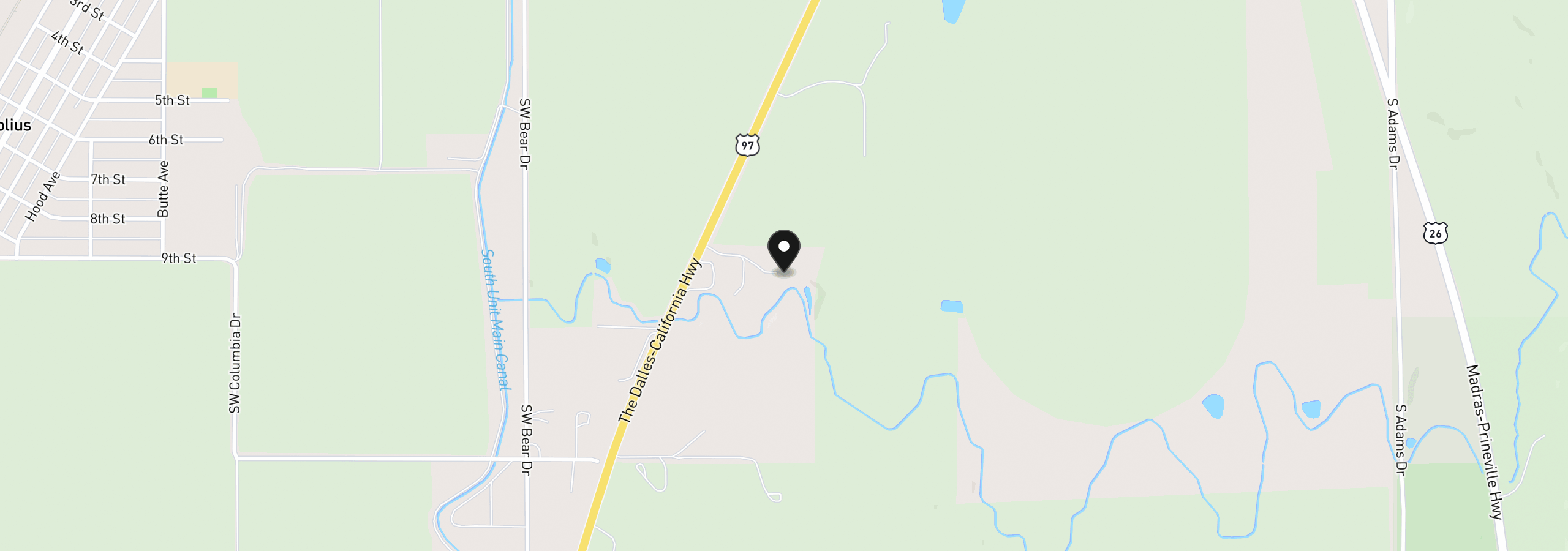 Map showing the location of 3647 SW Highway 97, Madras, OR 97741
