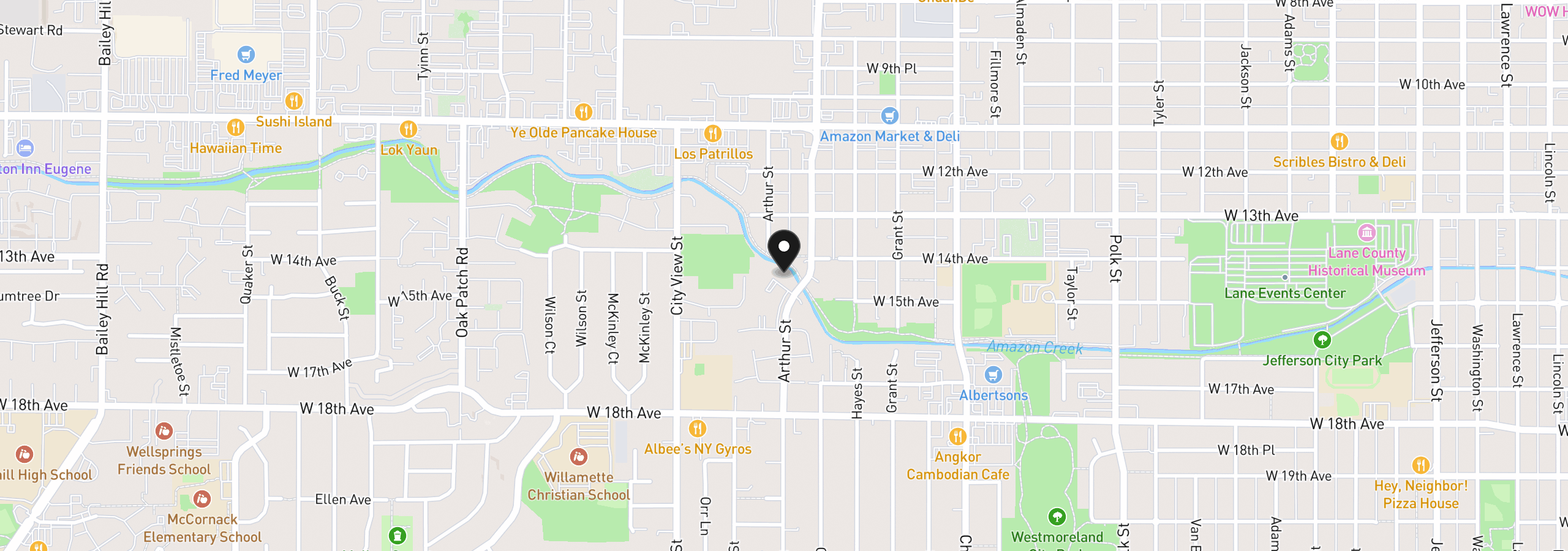 Map showing the location of 2141 W 15th Ct, Eugene, OR 97402