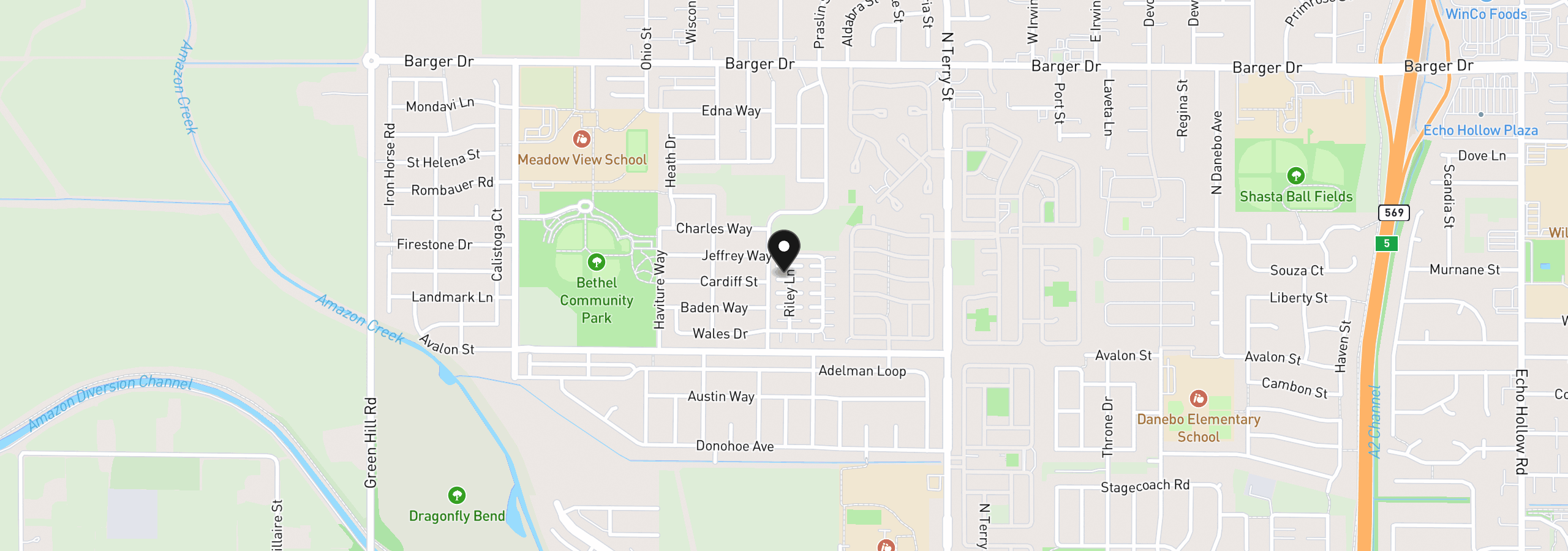 Map showing the location of 1680 Riley Ln, Eugene, OR 97402