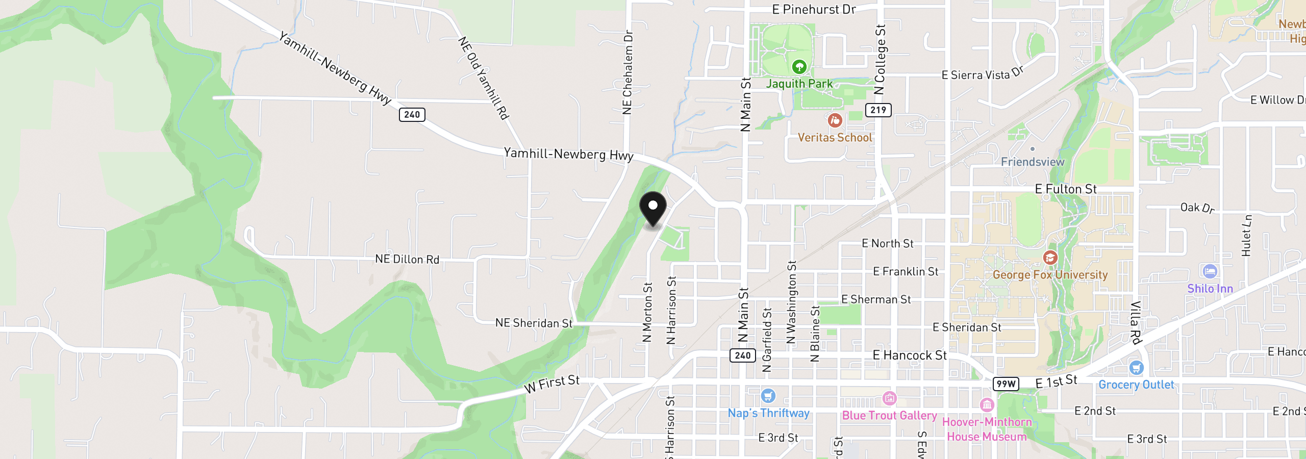 Map showing the location of 619 N Morton St, Newberg, OR 97132