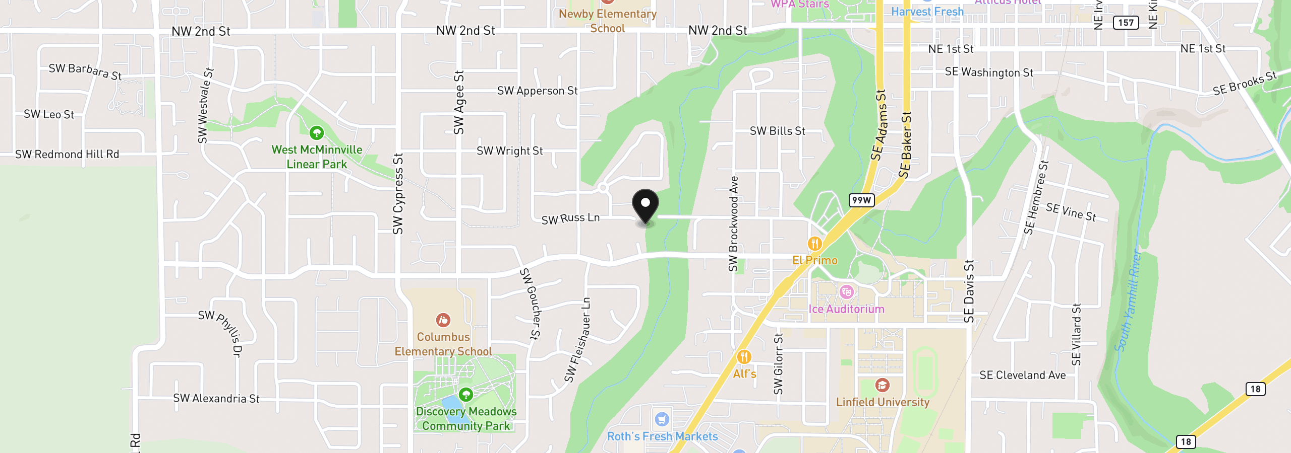 Map showing the location of 1116 Russ Ln, McMinnville, OR 97128