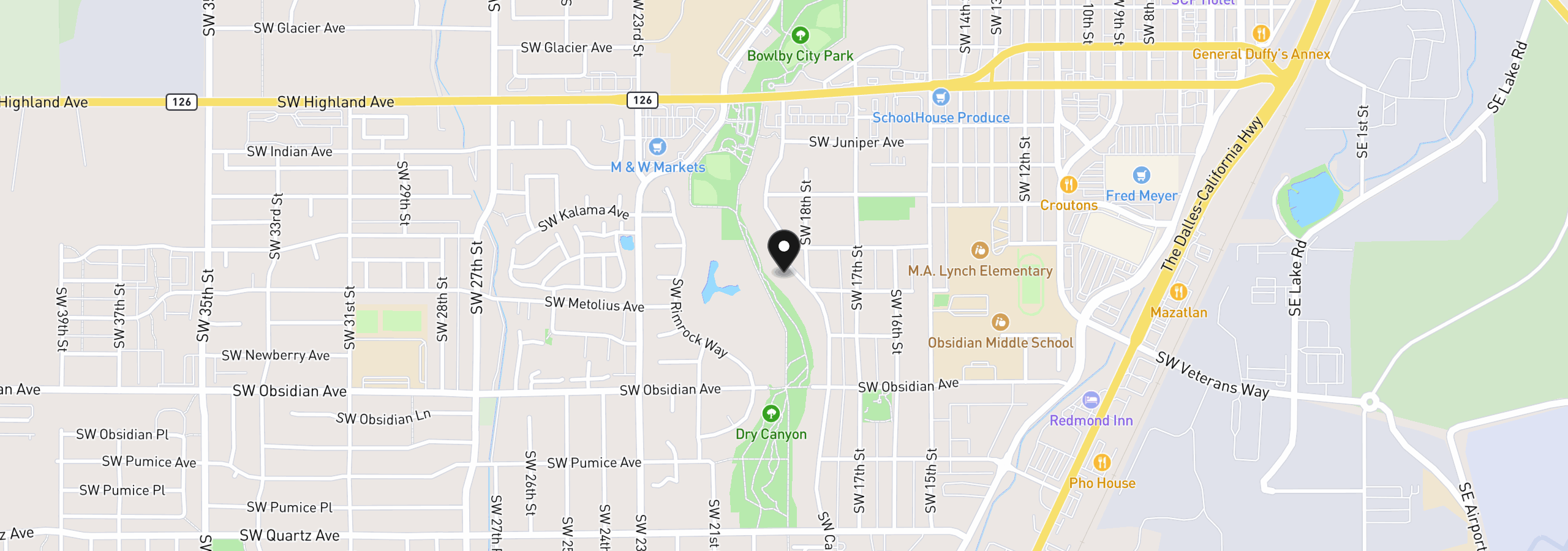 Map showing the location of 1233 SW Canyon Dr, Redmond, OR 97756