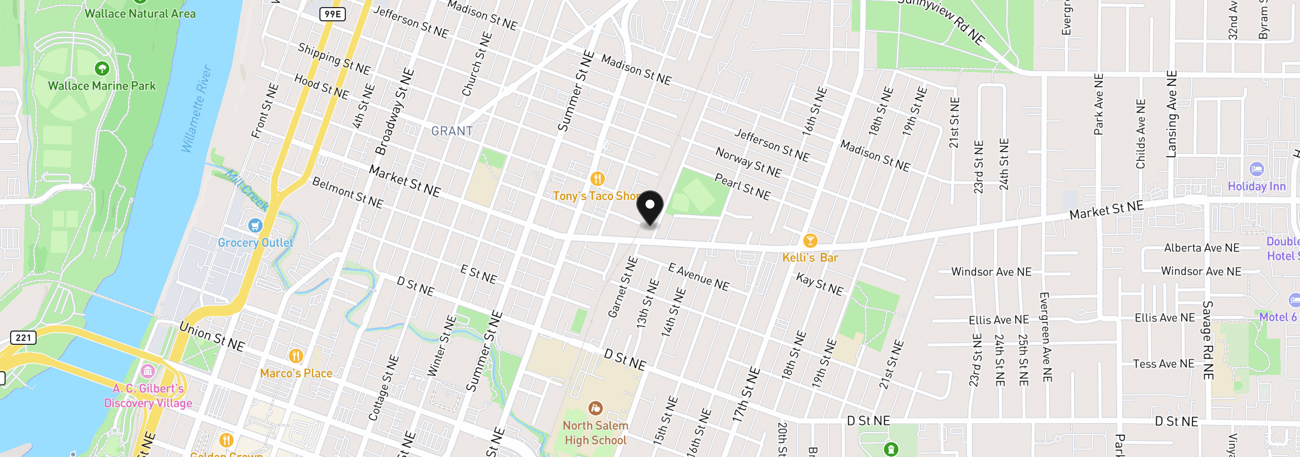 Map showing the location of 1329 Baker St, Salem, OR 97301