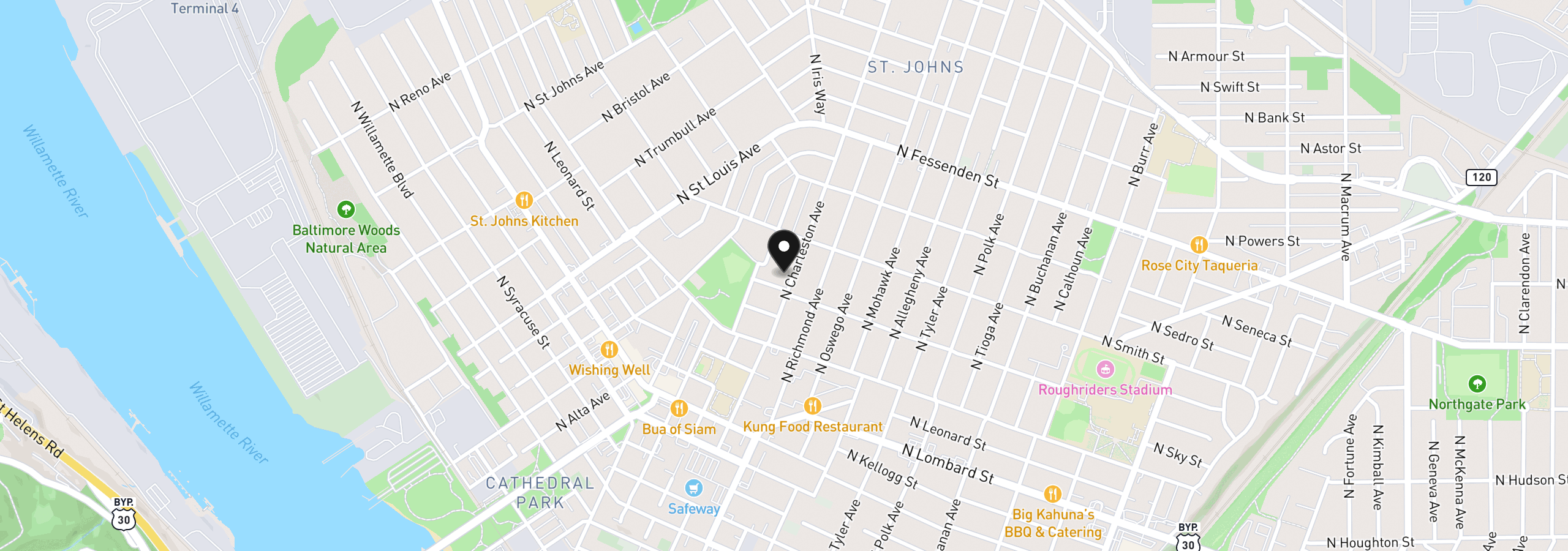 Map showing the location of 9027 N Charleston Ave, Portland, OR 97203