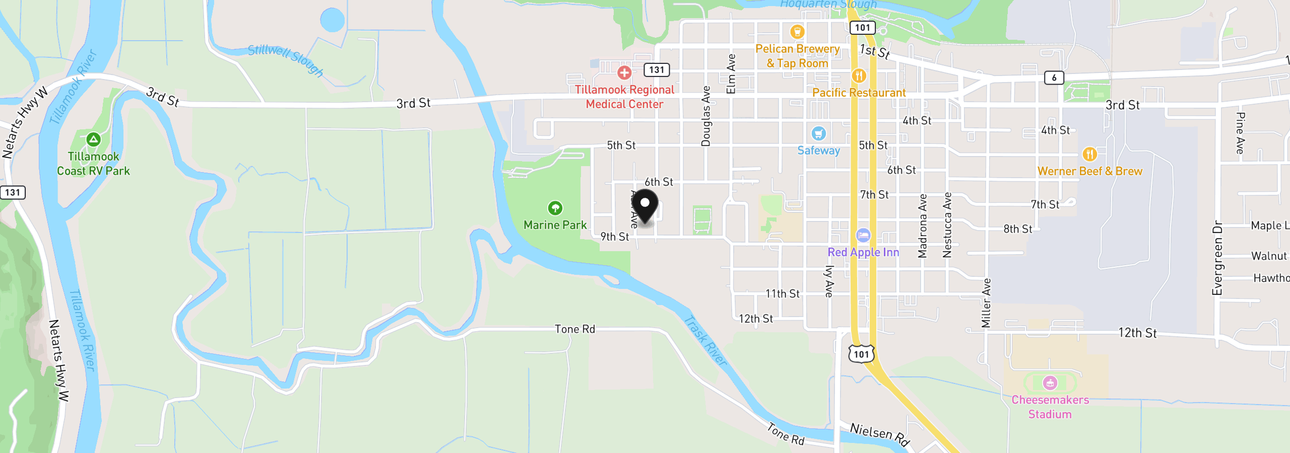 Map showing the location of 801 Ash Ave, Tillamook, OR 97141
