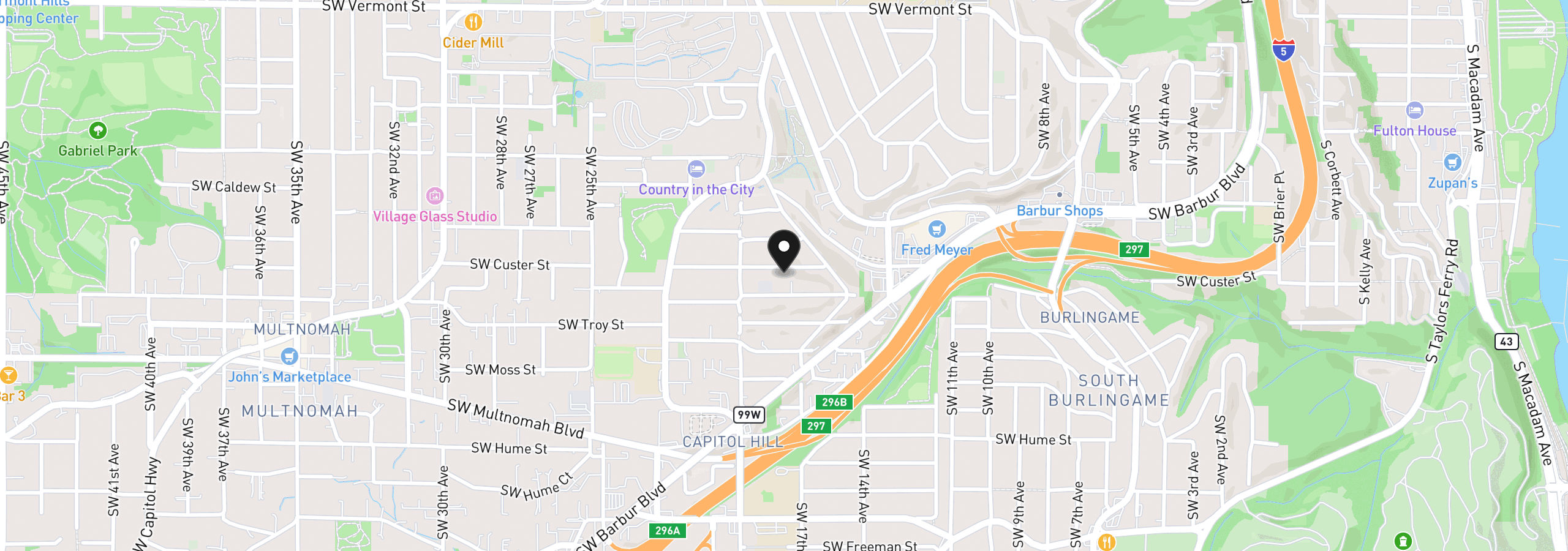 Map showing the location of 1722 SW Custer St, Portland, OR 97219