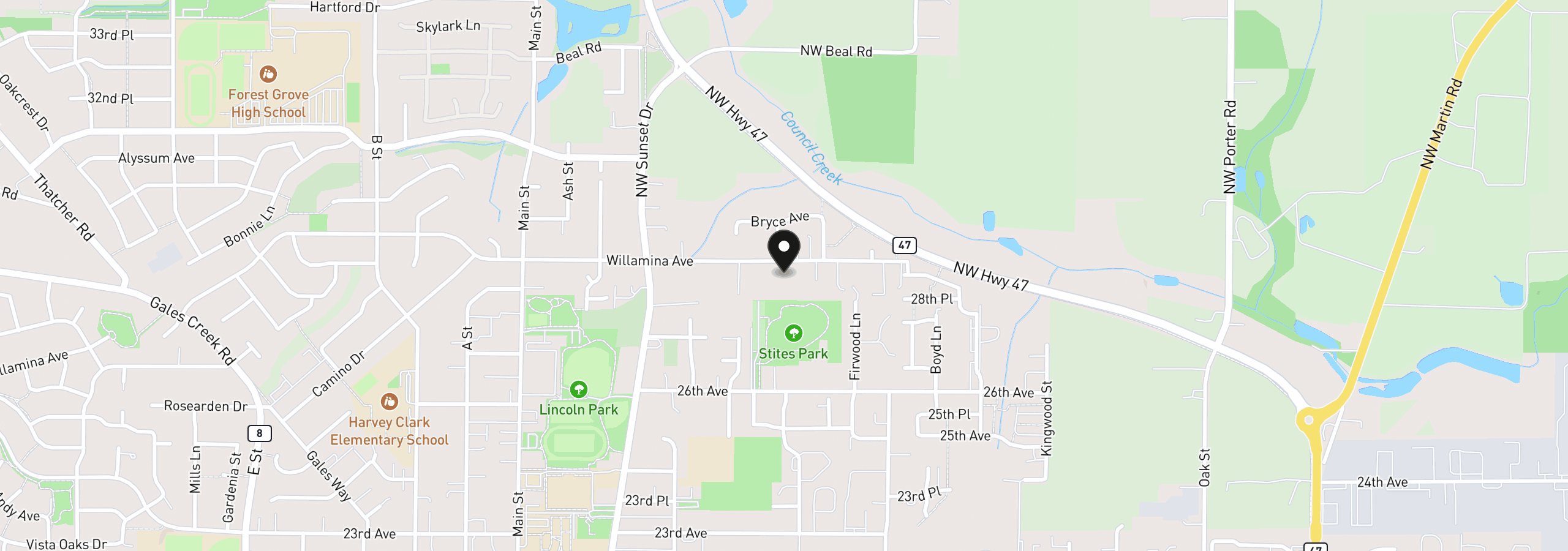 Map showing the location of 2572 Willamina Ave, Forest Grove, OR 97116