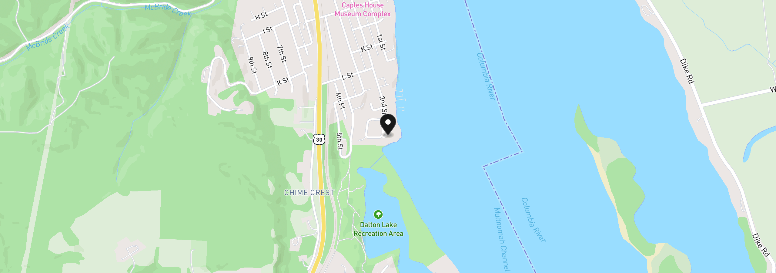 Map showing the location of 1220 2nd St, Columbia City, OR 97018