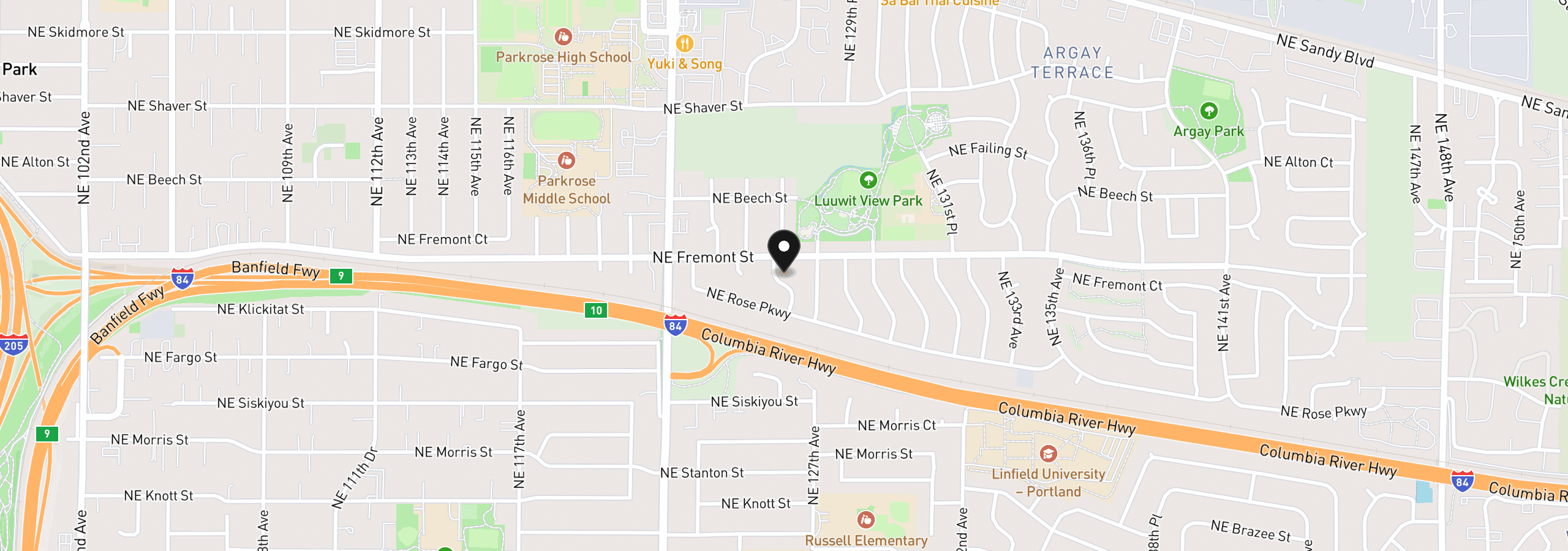 Map showing the location of 3416 NE 126th Ave, Portland, OR 97230