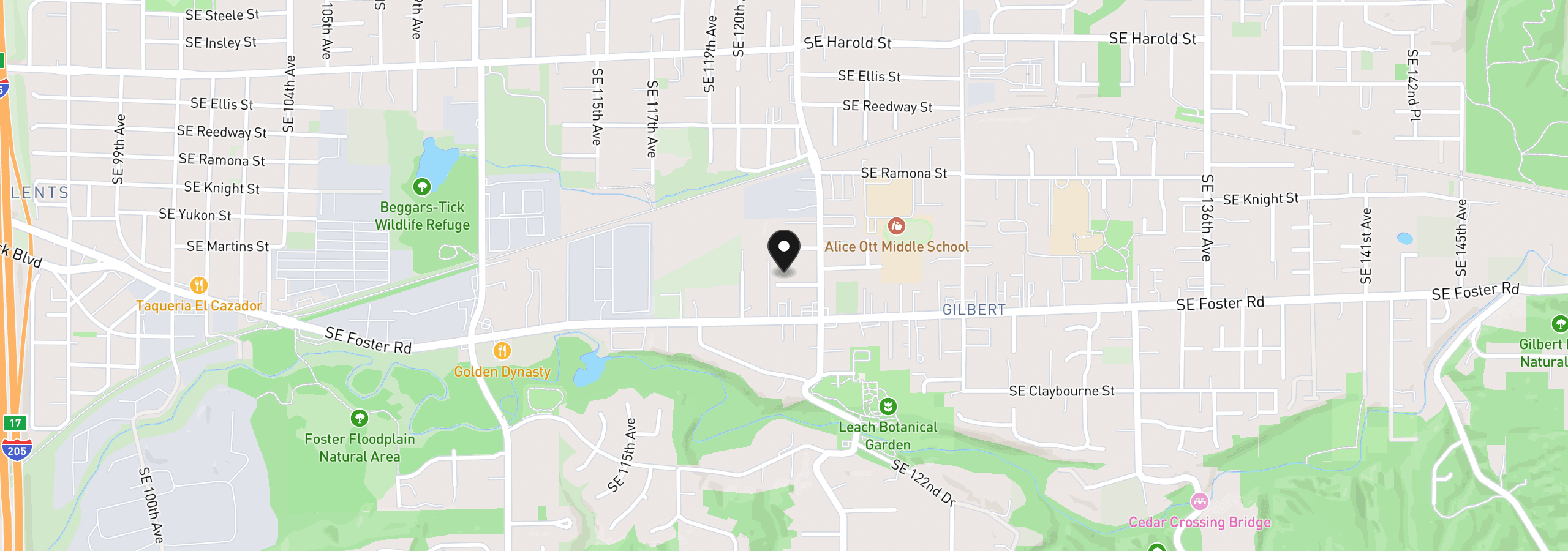 Map showing the location of 12107 SE Carlton St, Portland, OR 97266