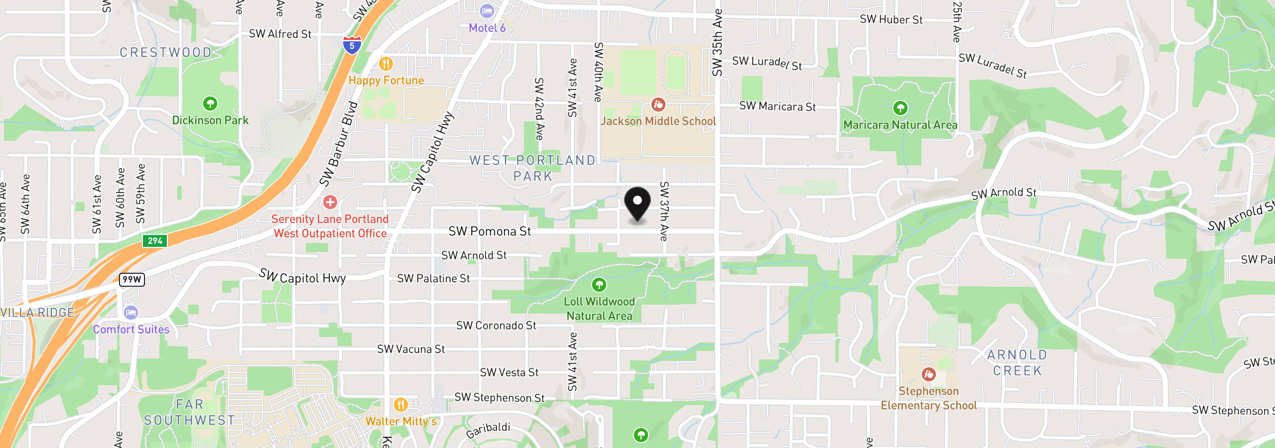 Map showing the location of 3821 SW Pomona St, Portland, OR 97219