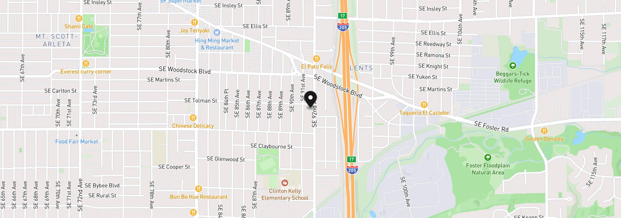 Map showing the location of 6313 SE 92nd Ave, Portland, OR 97266