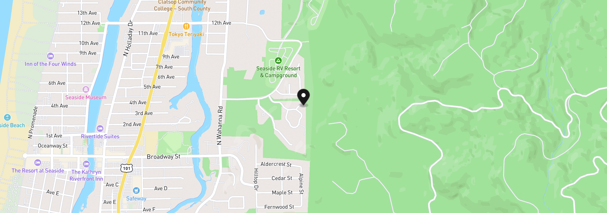 Map showing the location of 1240 Elkridge Ct, Seaside, OR 97138