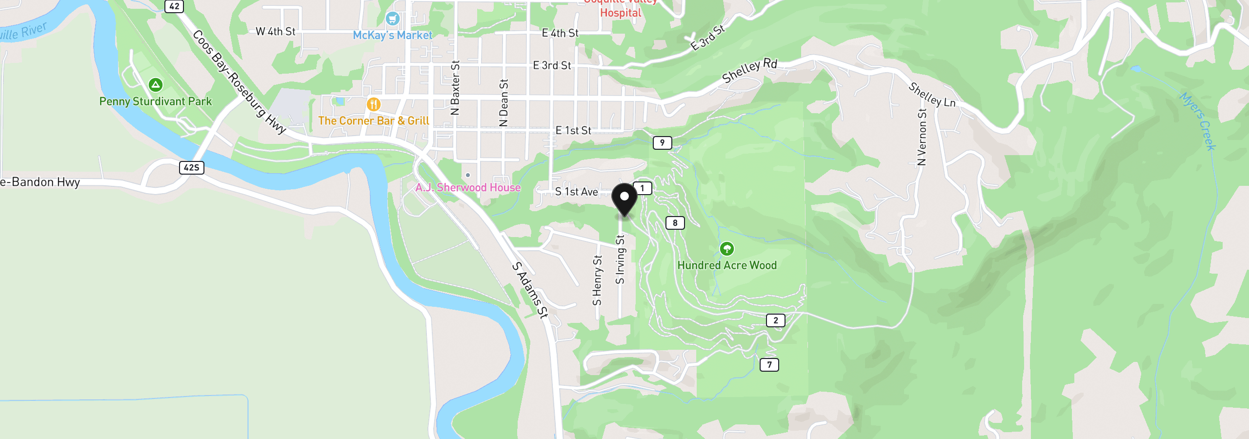 Map showing the location of 204 S Irving St, Coquille, OR 97423