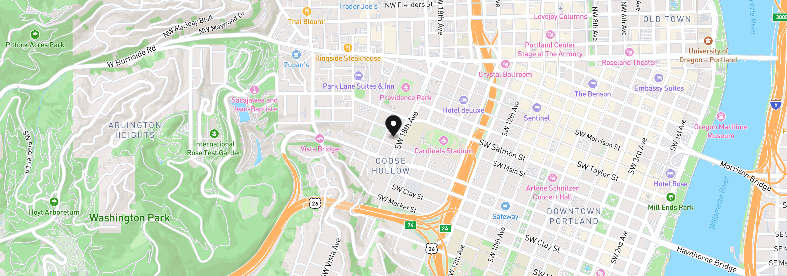 Map showing the location of 1132 SW 19th Ave 104, Portland, OR 97205