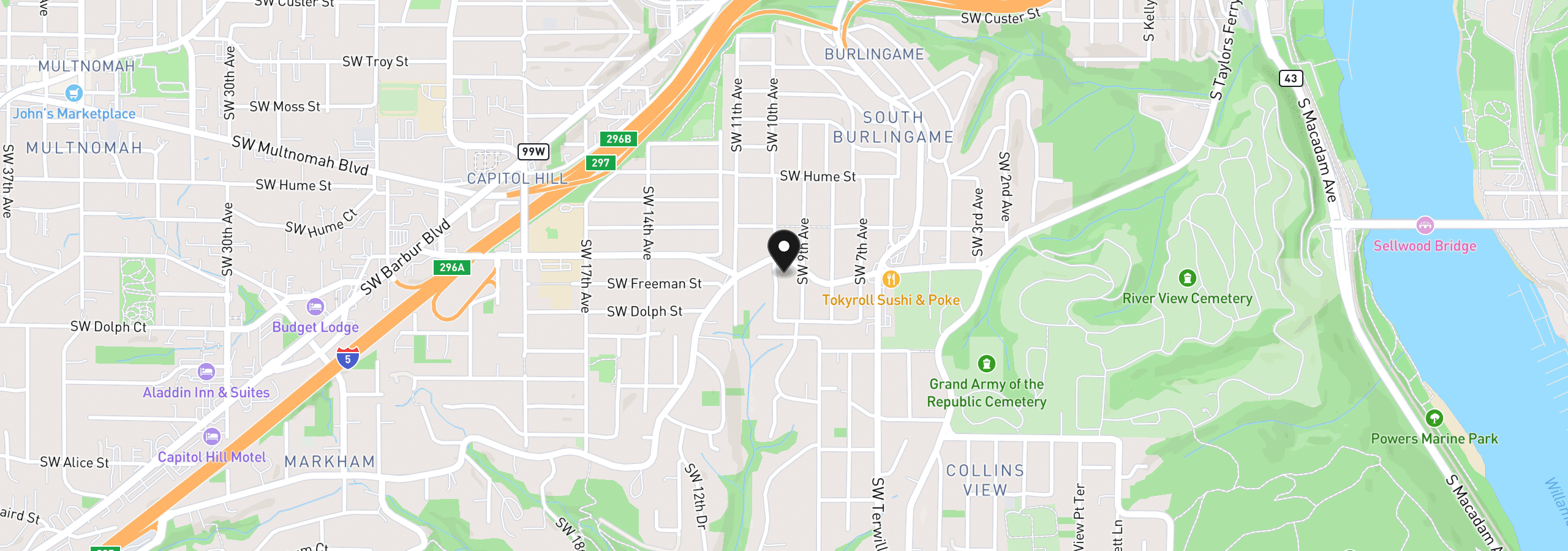Map showing the location of 8524 SW 10th Ave, Portland, OR 97219