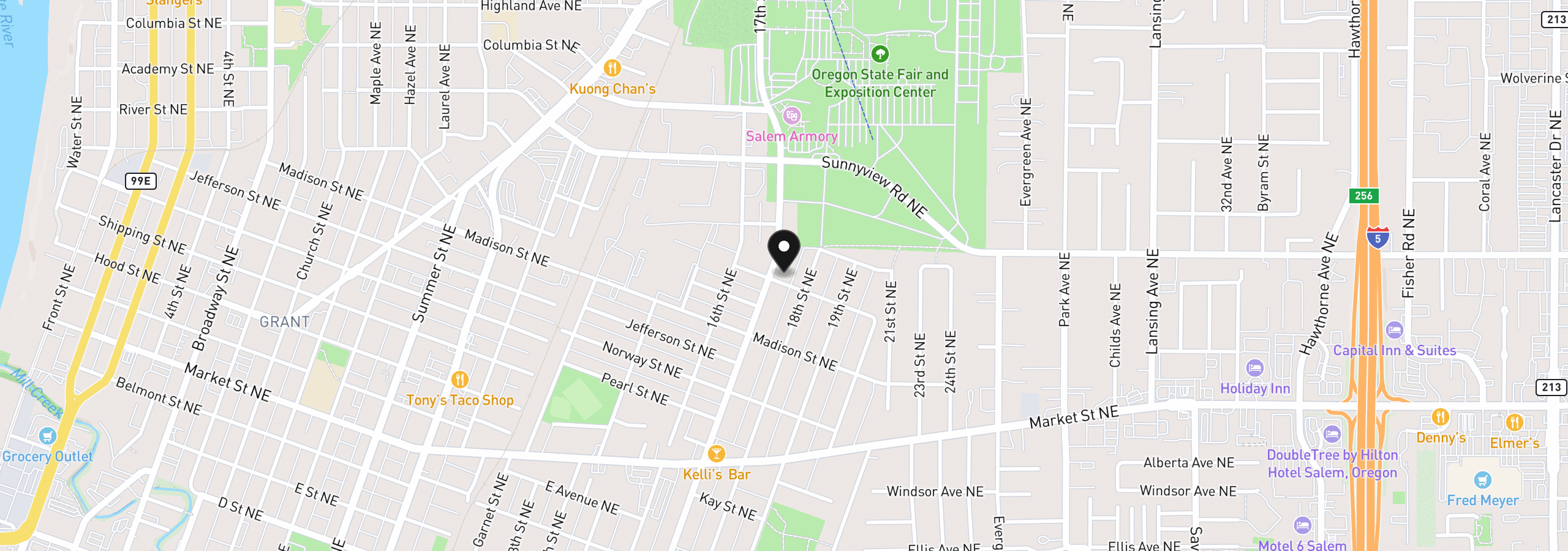 Map showing the location of 1725 Grant St NE, Salem, OR 97301