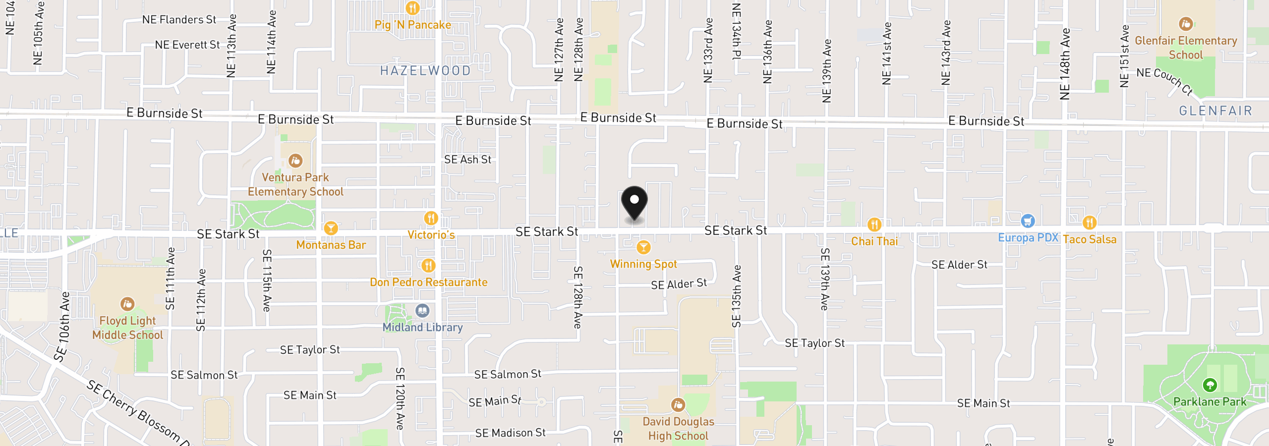 Map showing the location of 13045 SE Stark St 124, Portland, OR 97233
