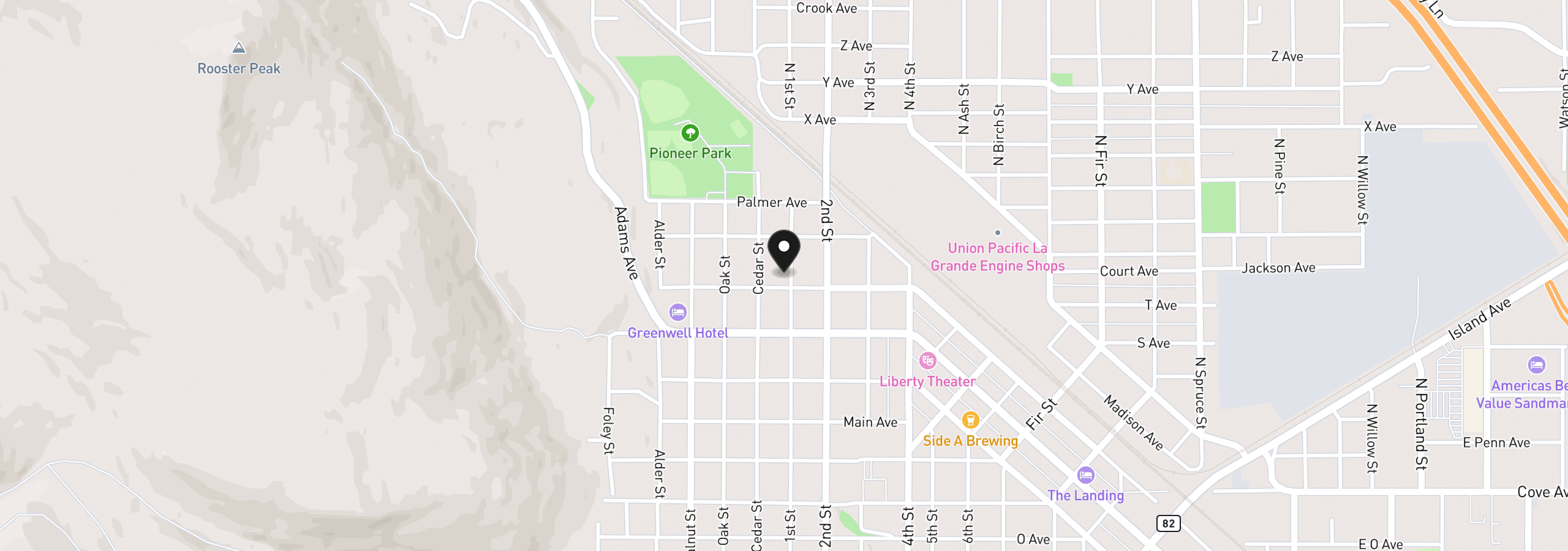 Map showing the location of 2104 1st St, La Grande, OR 97850