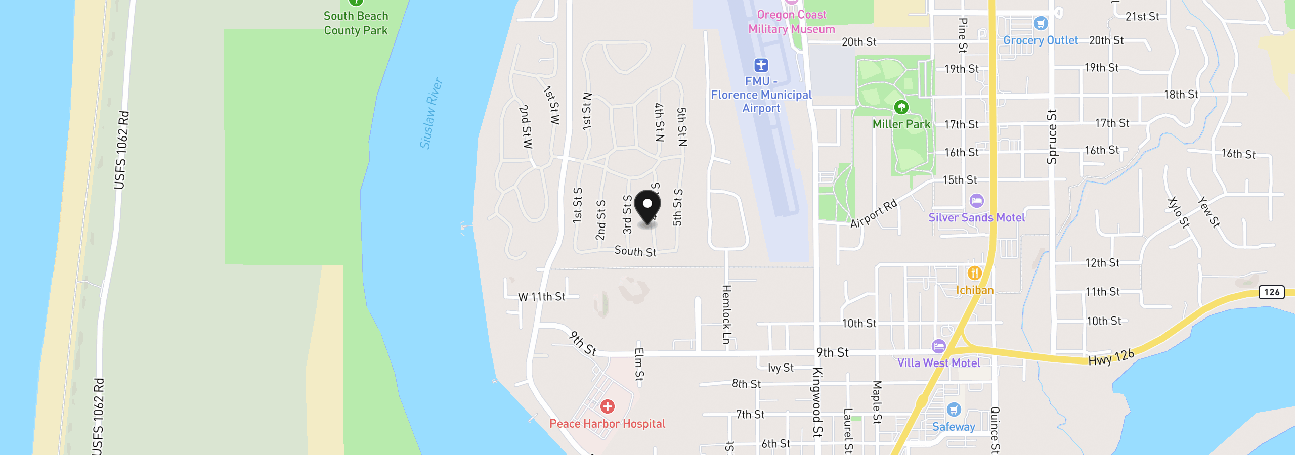 Map showing the location of 1600 Rhododendron Dr 113, Florence, OR 97439