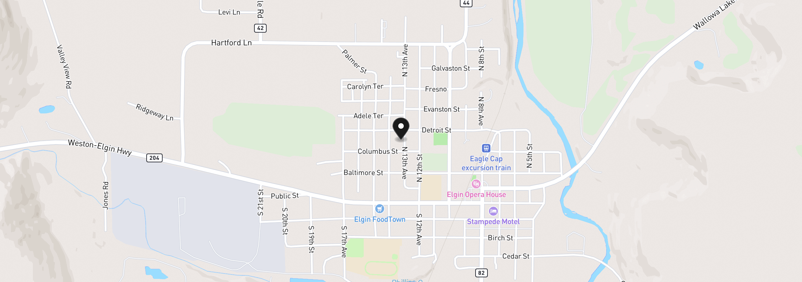 Map showing the location of 360 N 13th Ave, Elgin, OR 97827