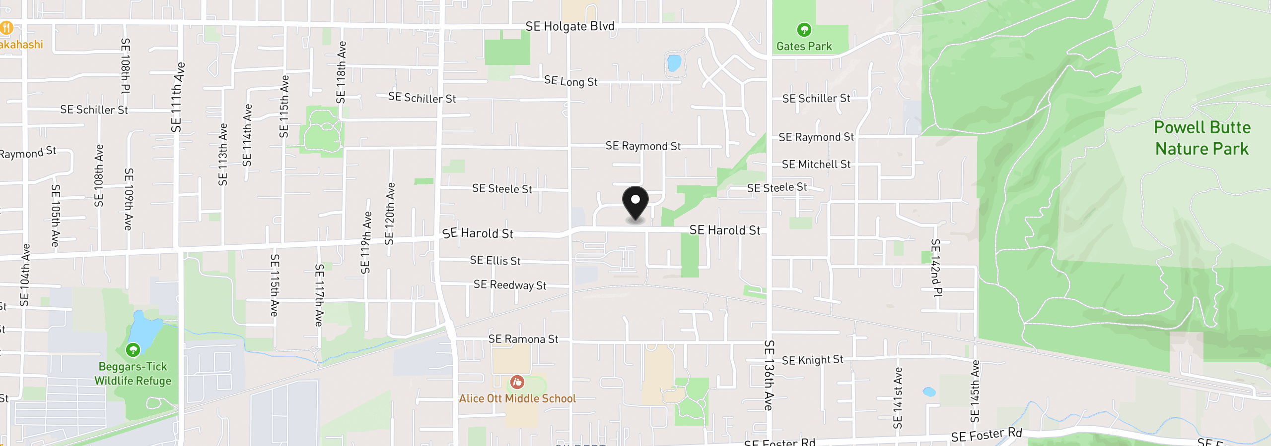 Map showing the location of 13025 SE Harold St, Portland, OR 97236