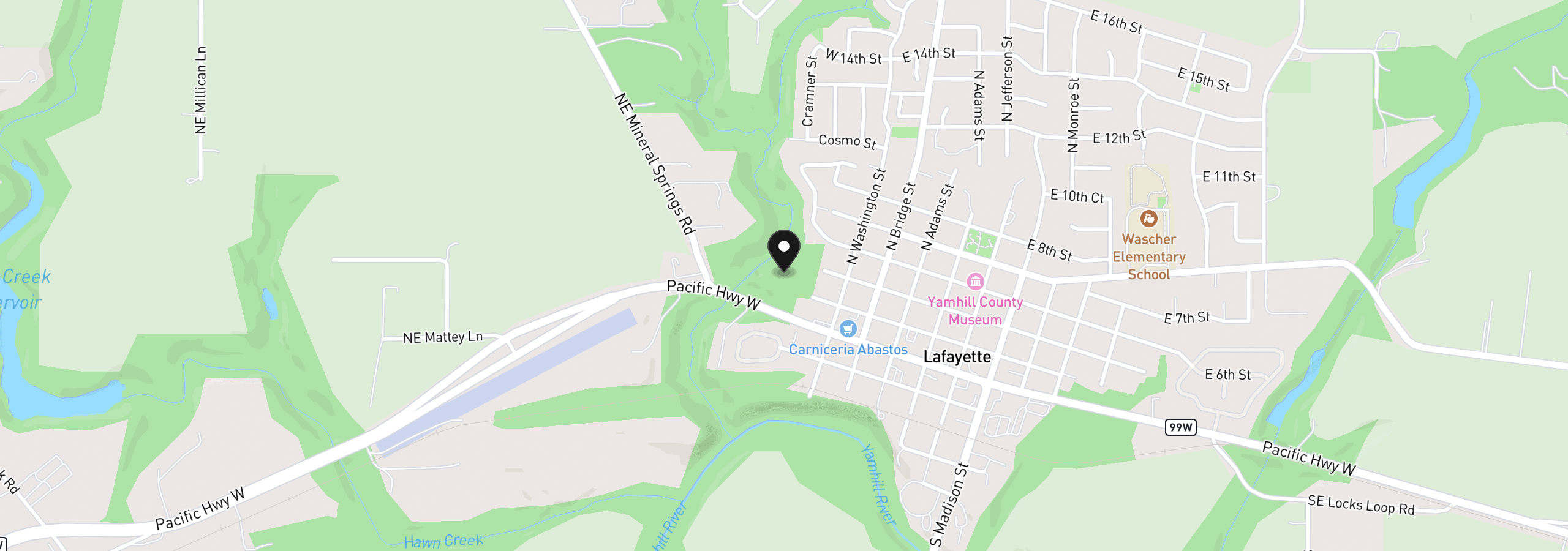 Map showing the location of 215 W 5th St, Lafayette, OR 97127