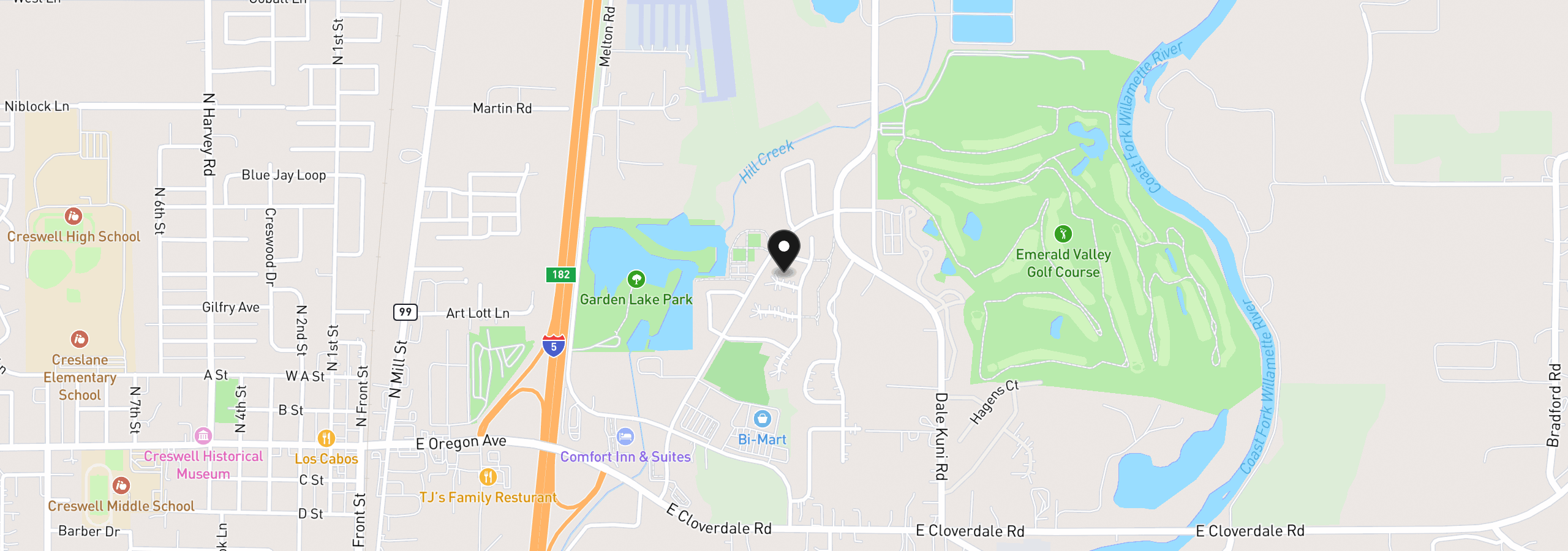 Map showing the location of 1234 Augusta Ct, Creswell, OR 97426