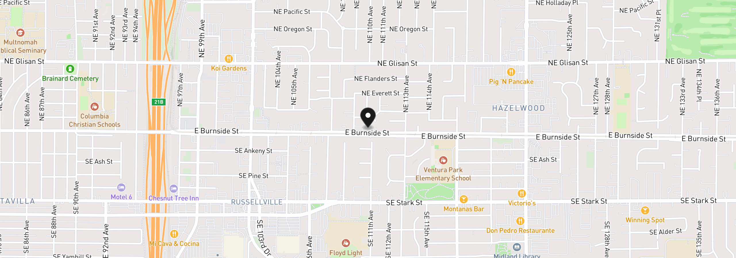 Map showing the location of 10985 E Burnside St 23, Portland, OR 97216