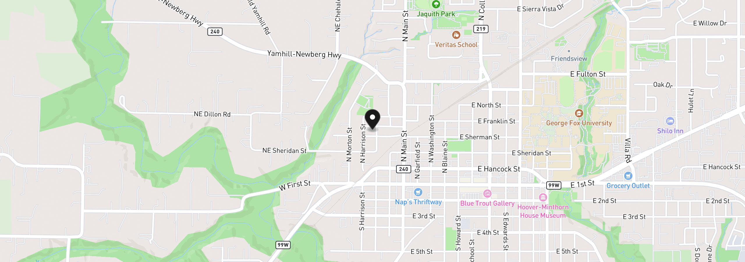 Map showing the location of 407 N Lincoln St, Newberg, OR 97132