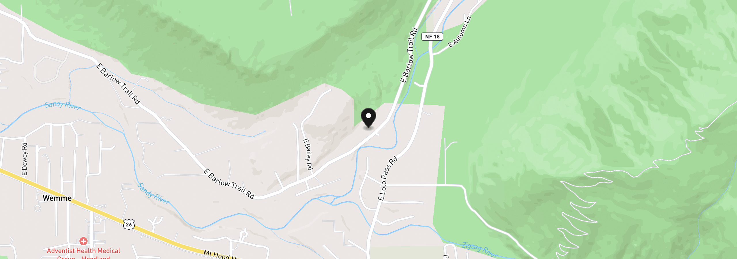 Map showing the location of 70165 E Barlow Trail Rd, Rhododendron, OR 97049