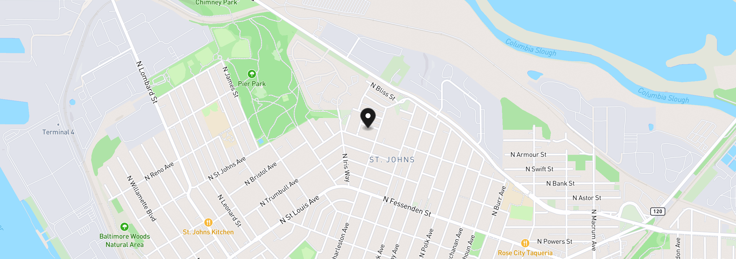 Map showing the location of 8330 N Bank St, Portland, OR 97203