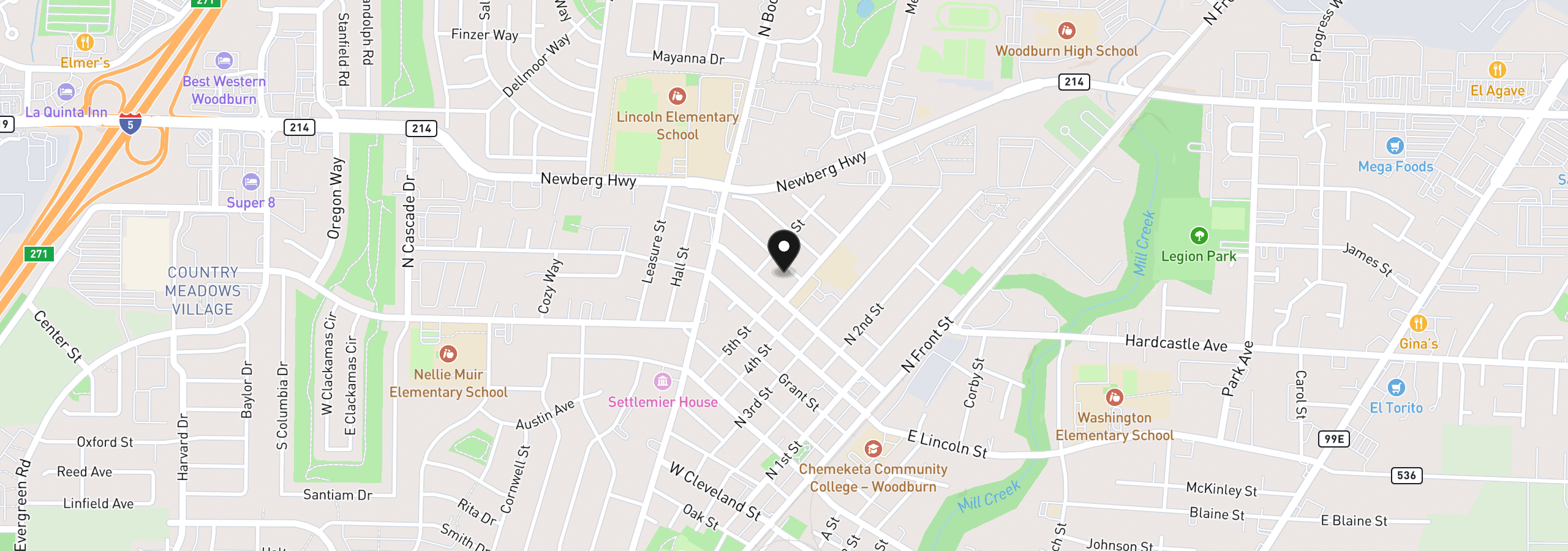 Map showing the location of 624 Church St, Woodburn, OR 97071