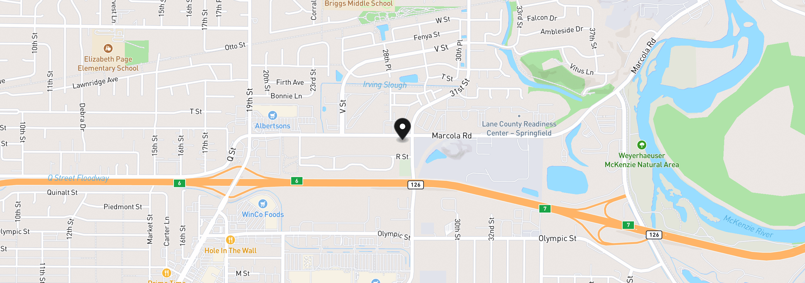 Map showing the location of 28th st and Marcola, Springfield, OR 97477