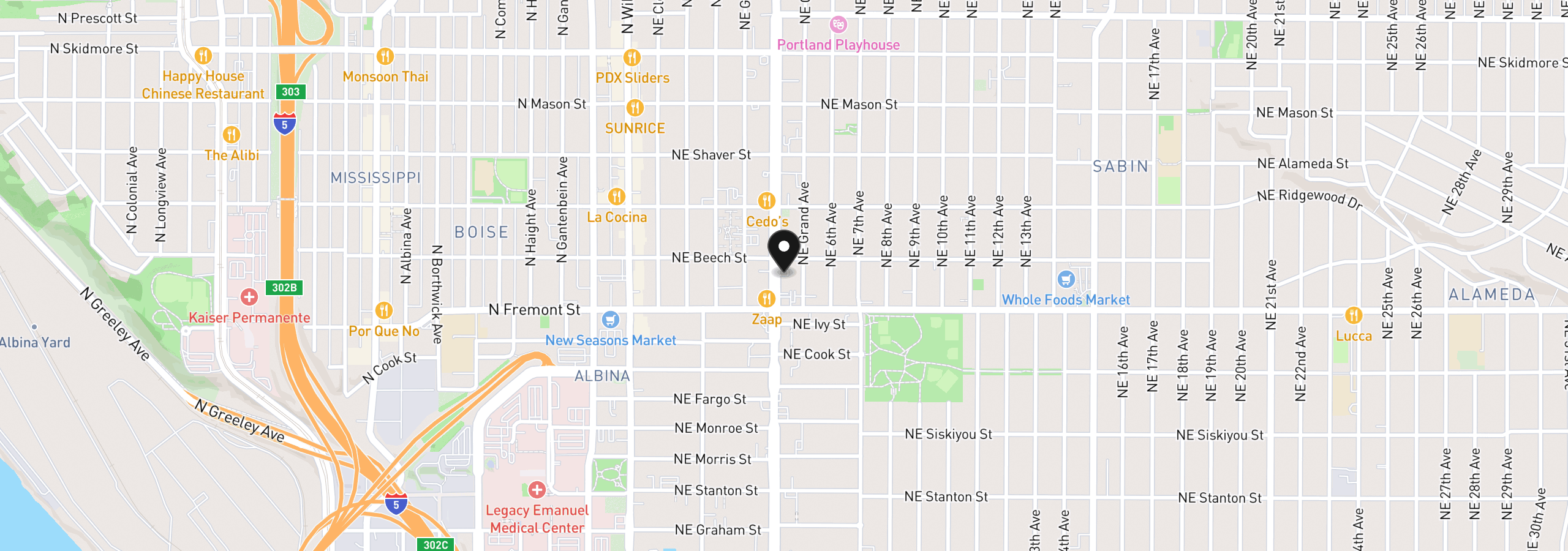 Map showing the location of 3620 NE M L King Blvd, Portland, OR 97212