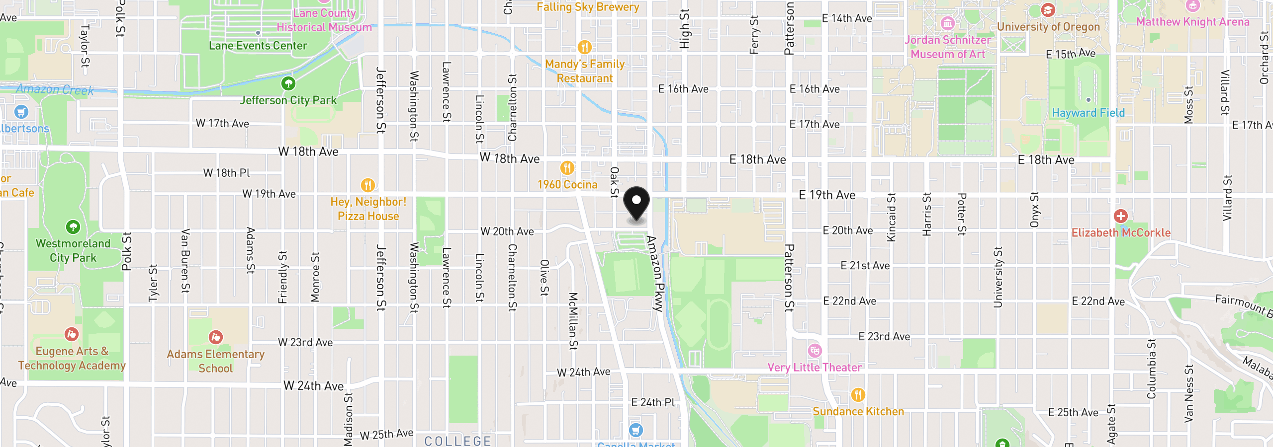 Map showing the location of 177 E 20th Ave, Eugene, OR 97405