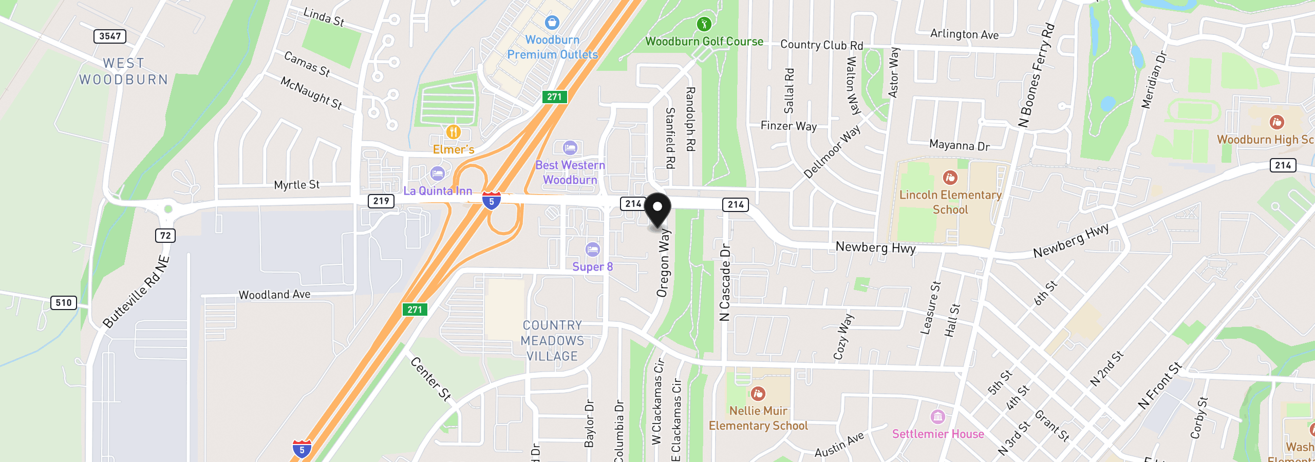 Map showing the location of 943 Oregon Way, Woodburn, OR 97071