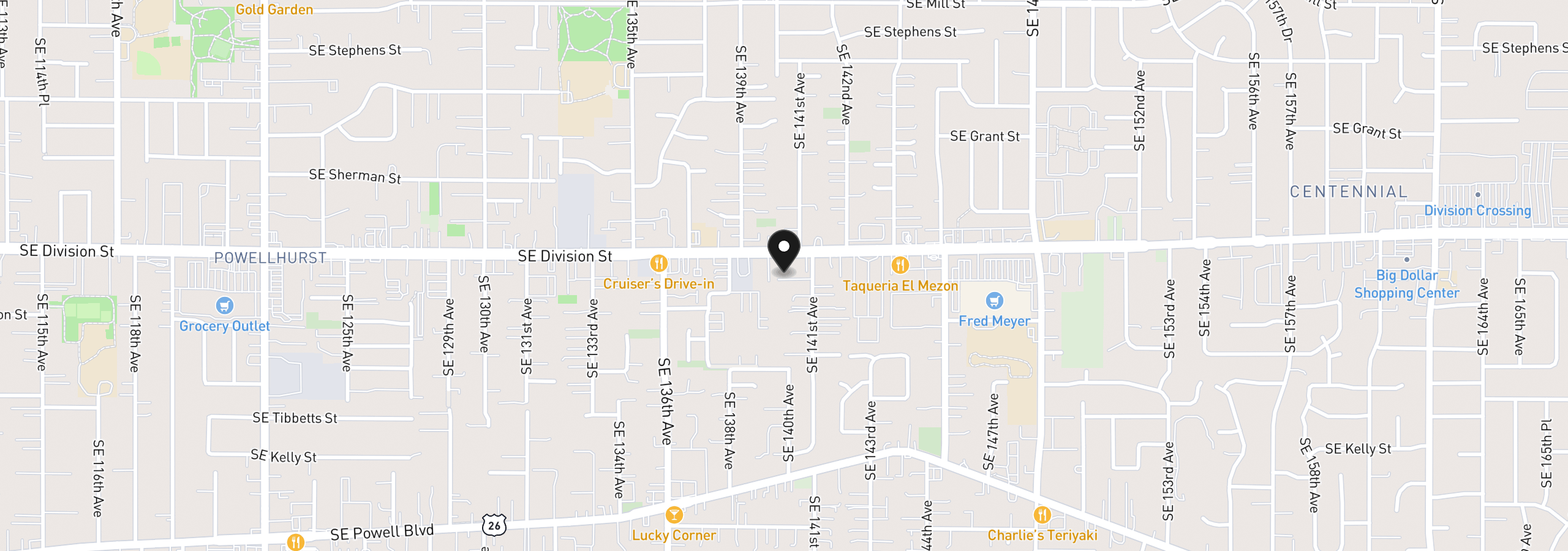 Map showing the location of 2539 SE 141st Ave 2, Portland, OR 97236