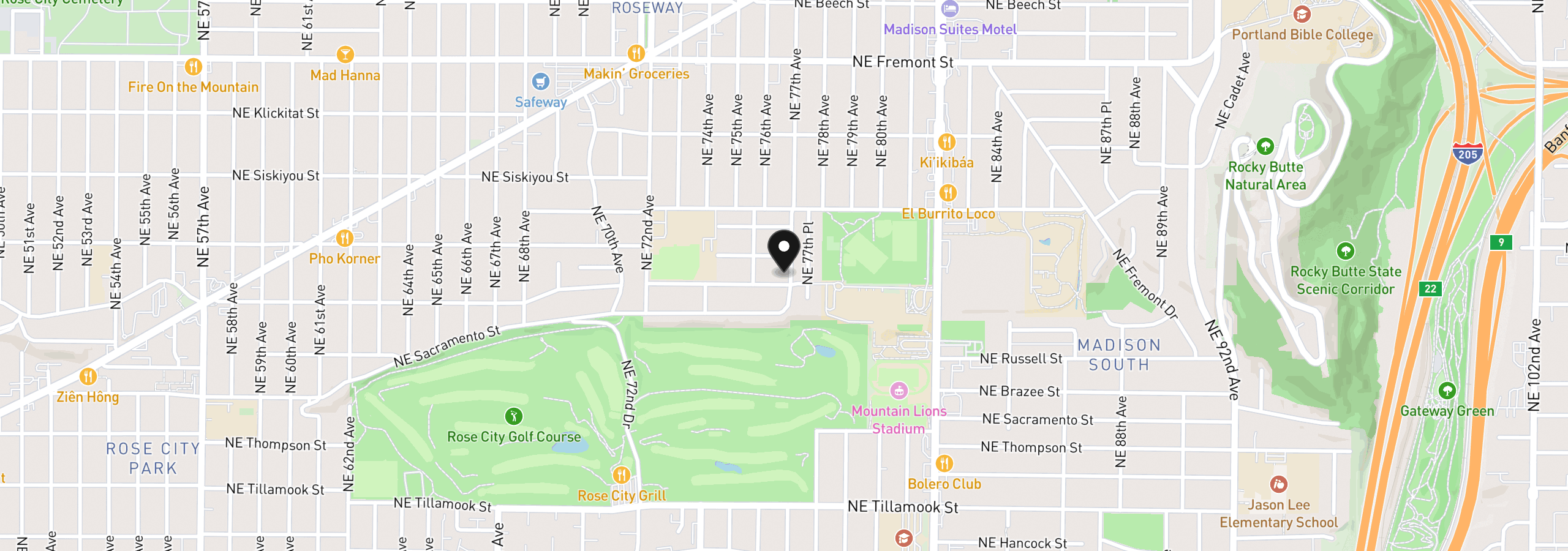 Map showing the location of 7655 NE Alameda St, Portland, OR 97213